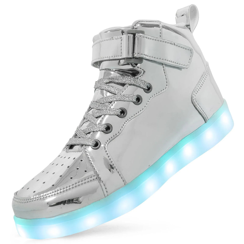 LED light-up high-top board shoes in black with velcro strap and rubber sole.