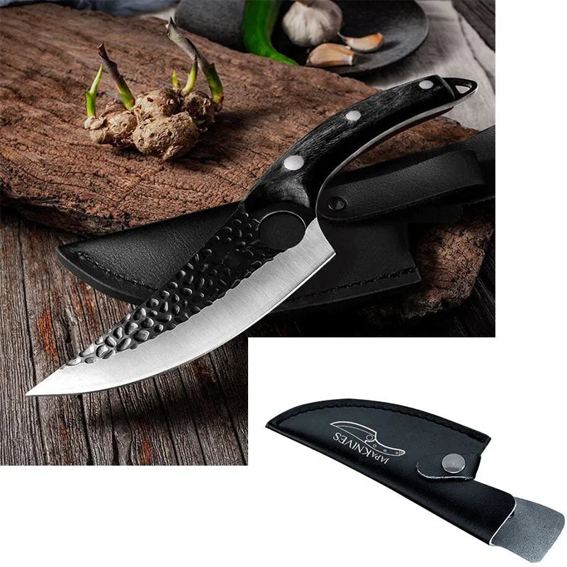 Forged curved boning knife with 5CrMoV15 high carbon steel blade and leather sheath in black or brown.