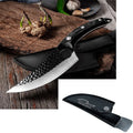 Forged curved boning knife with 5CrMoV15 high carbon steel blade and leather sheath in black or brown.