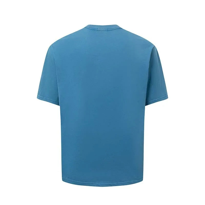 Men's blue t-shirt with white letter printing, loose fit round neck design