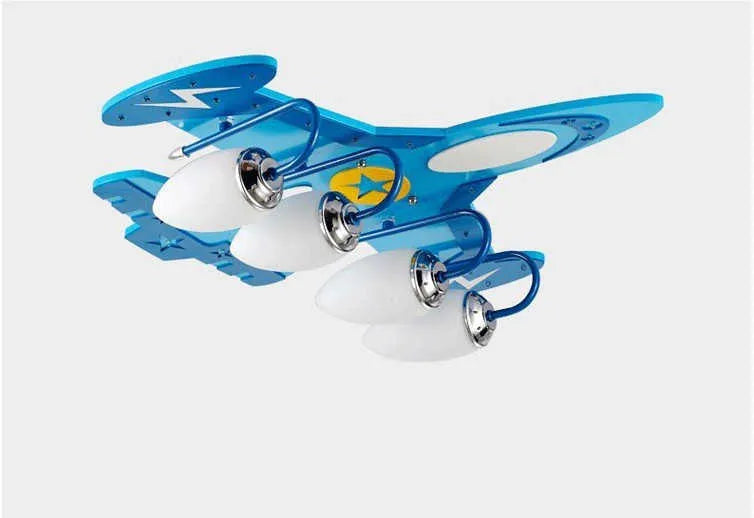 Children's cartoon airplane design LED ceiling light with glass shade and wood fitting.