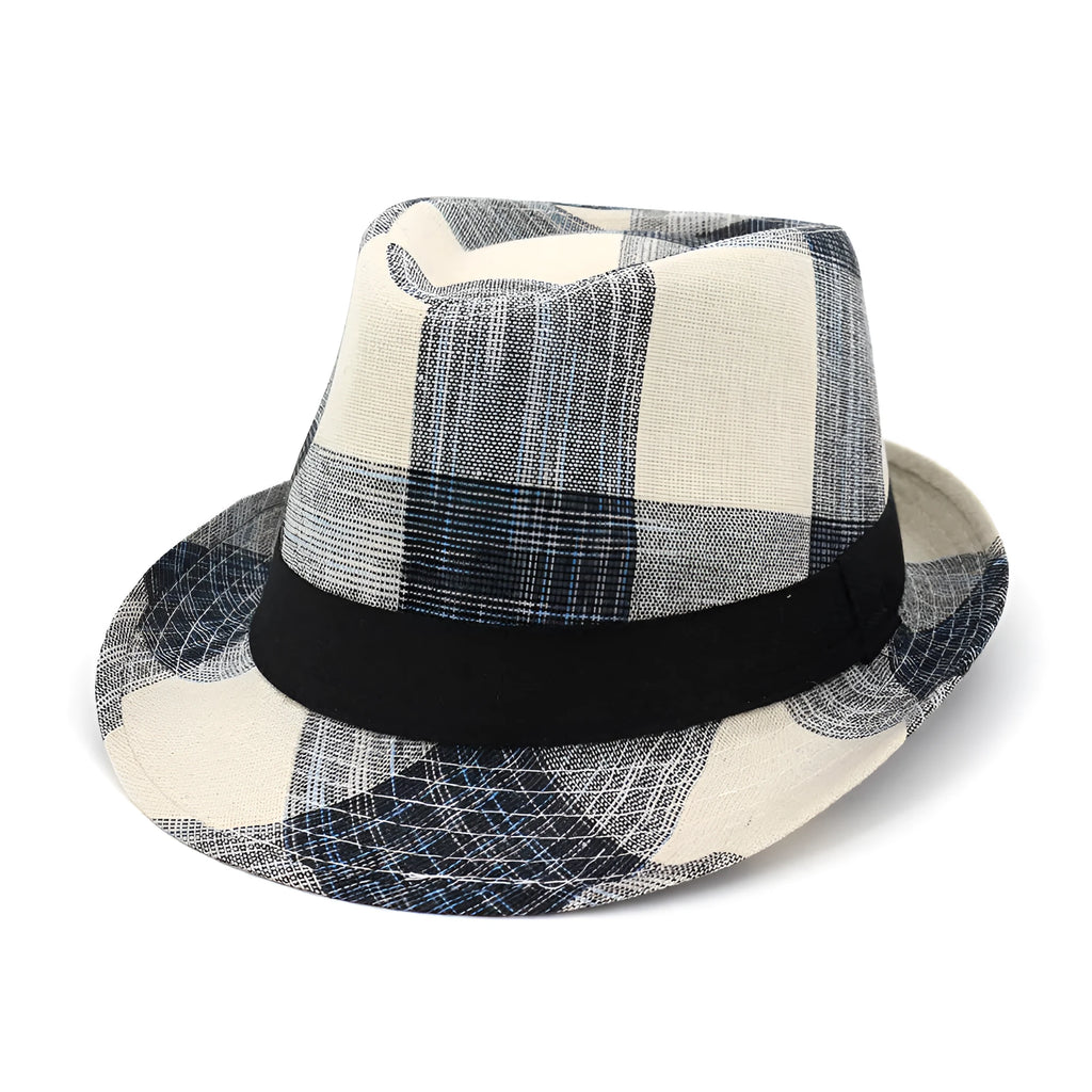 A black and blue polyester sun hat with a wide brim and bell crown for outdoor sun protection.