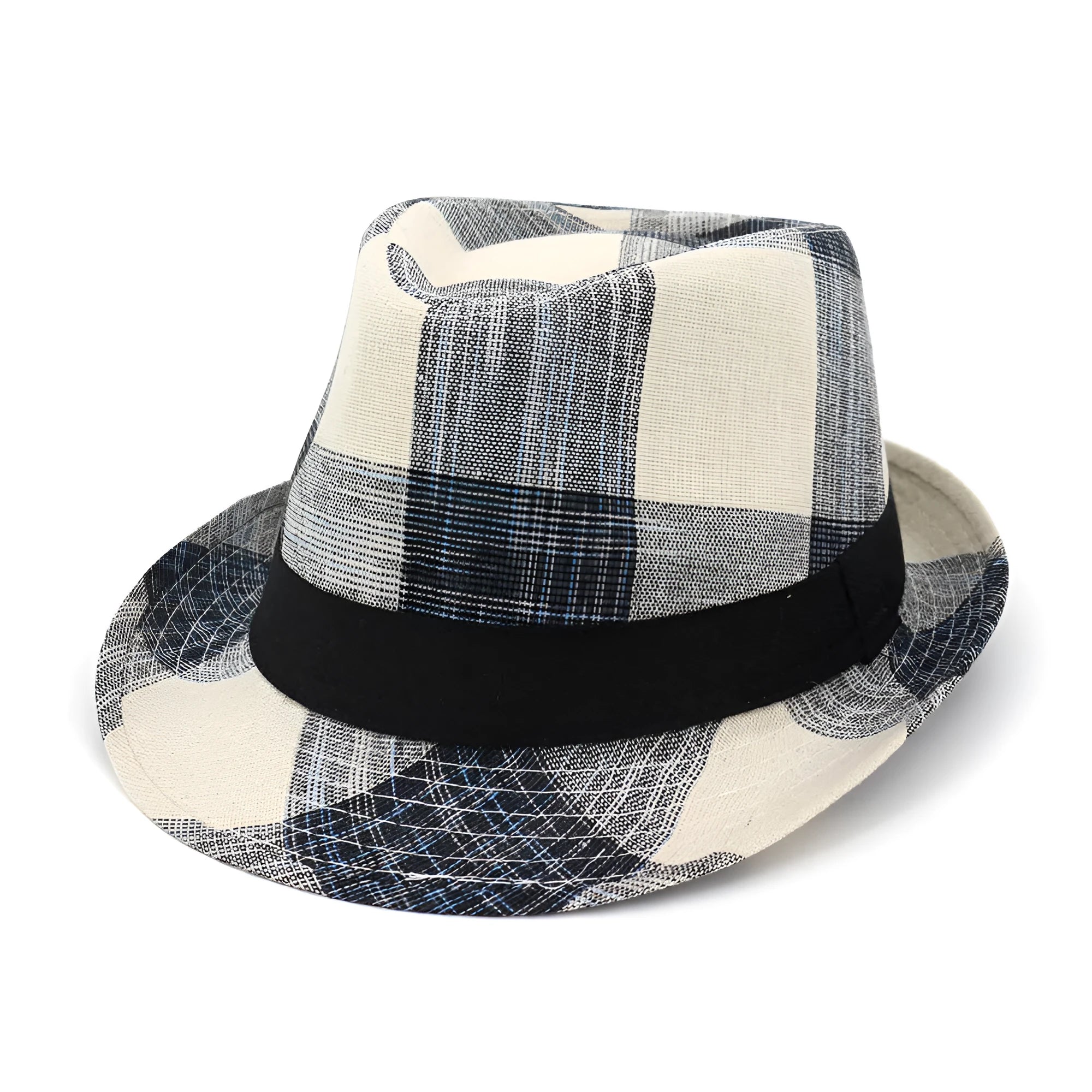 A black and blue polyester sun hat with a wide brim and bell crown for outdoor sun protection.