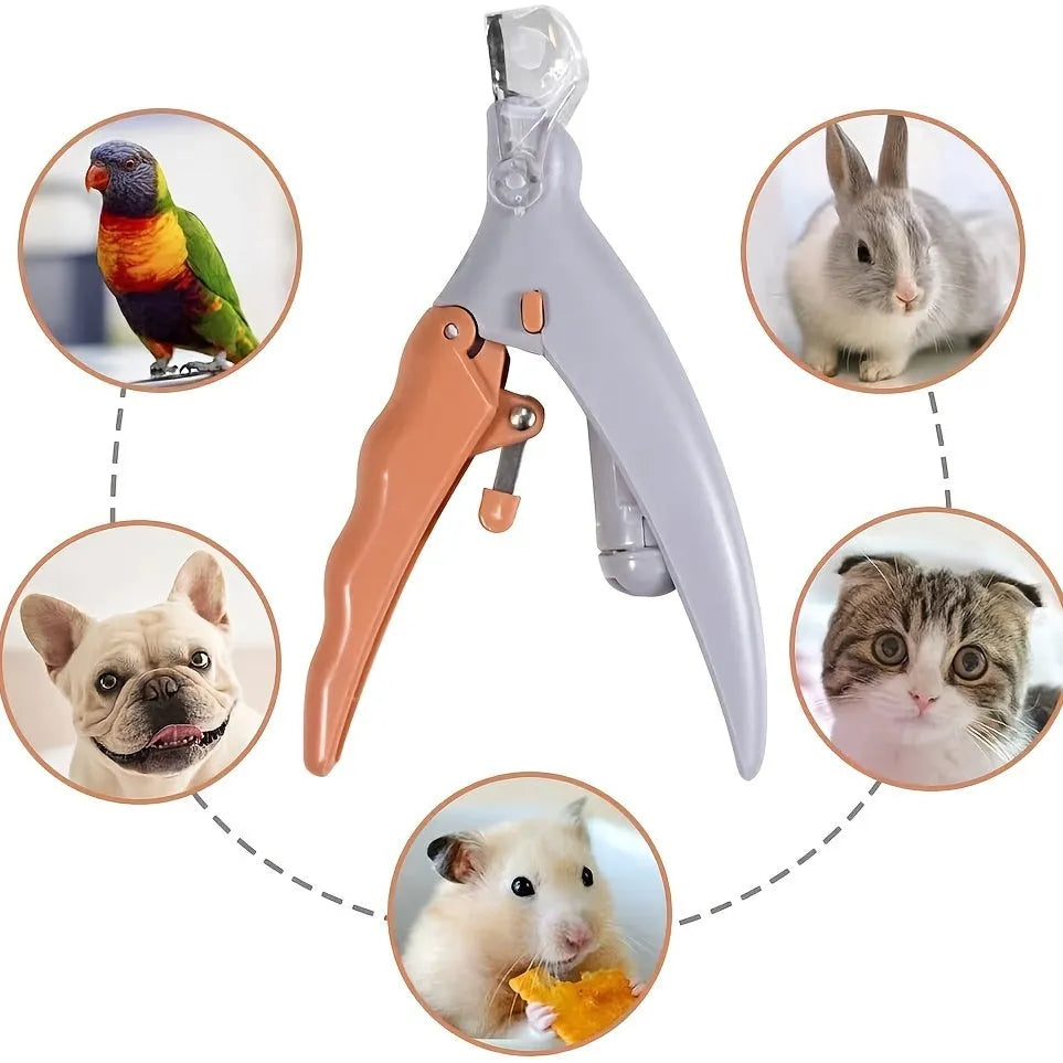 Yellow LED pet nail trimmer with magnifying glass, lights, and nail catcher for cats and dogs.