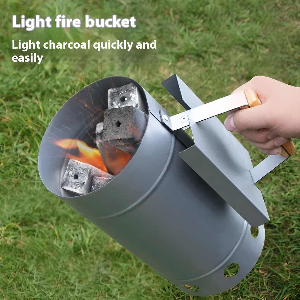 Zinc-iron alloy outdoor charcoal fire bin with carbon bucket design and oven igniter.