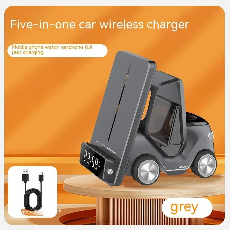 Grey 15W three-in-one wireless fast charging bracket for appliances on a table.