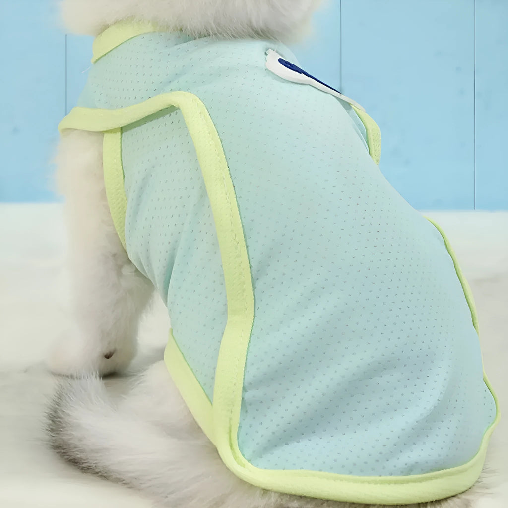 Grass green anti-lint polyester vest for a cat on a white background.