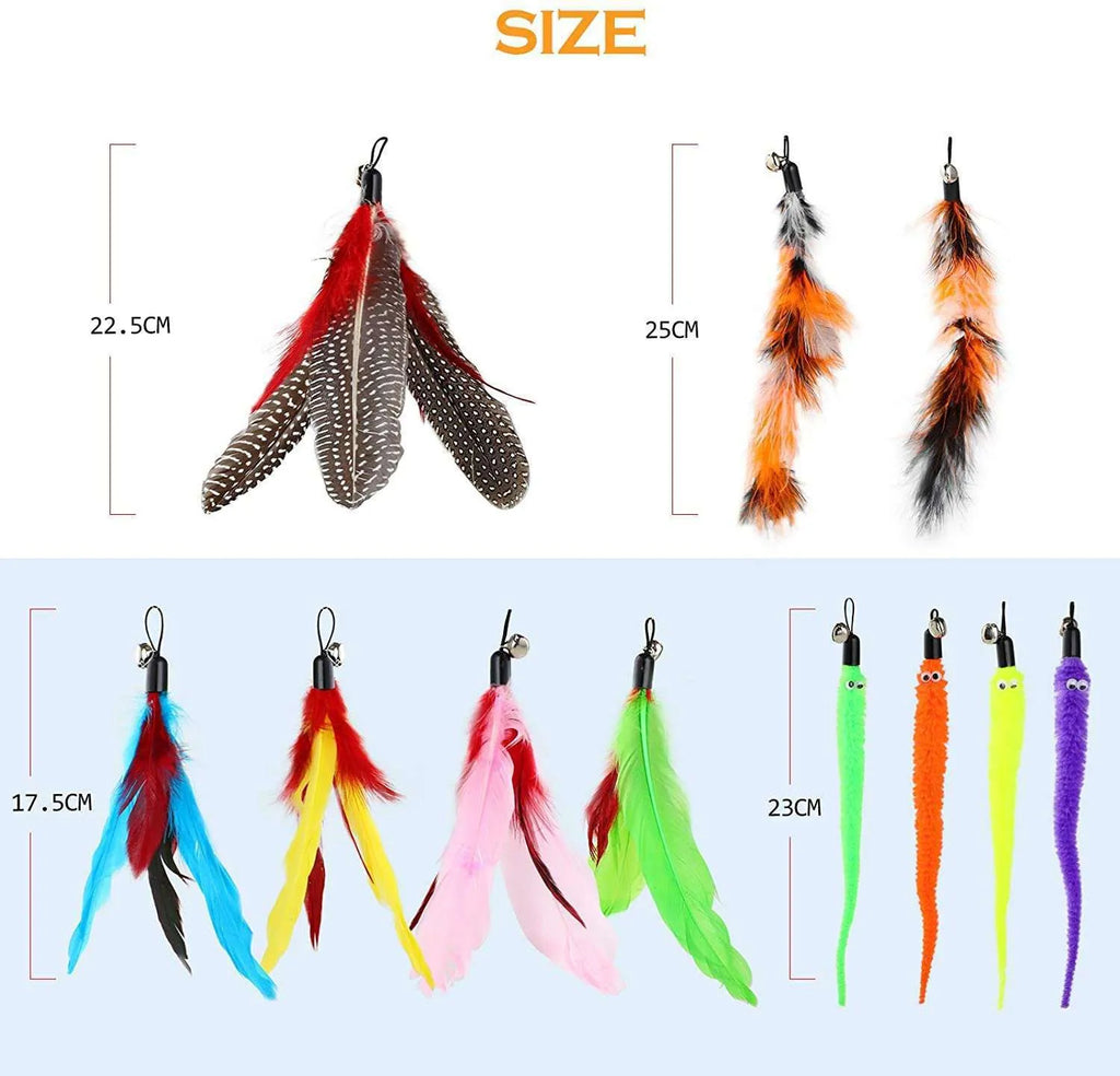 Adjustable cat teasing pole with feather attachment heads for interactive play