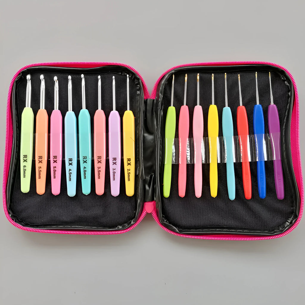 Complete set of 16 crochet hooks with two handle types and a grey PU storage bag.