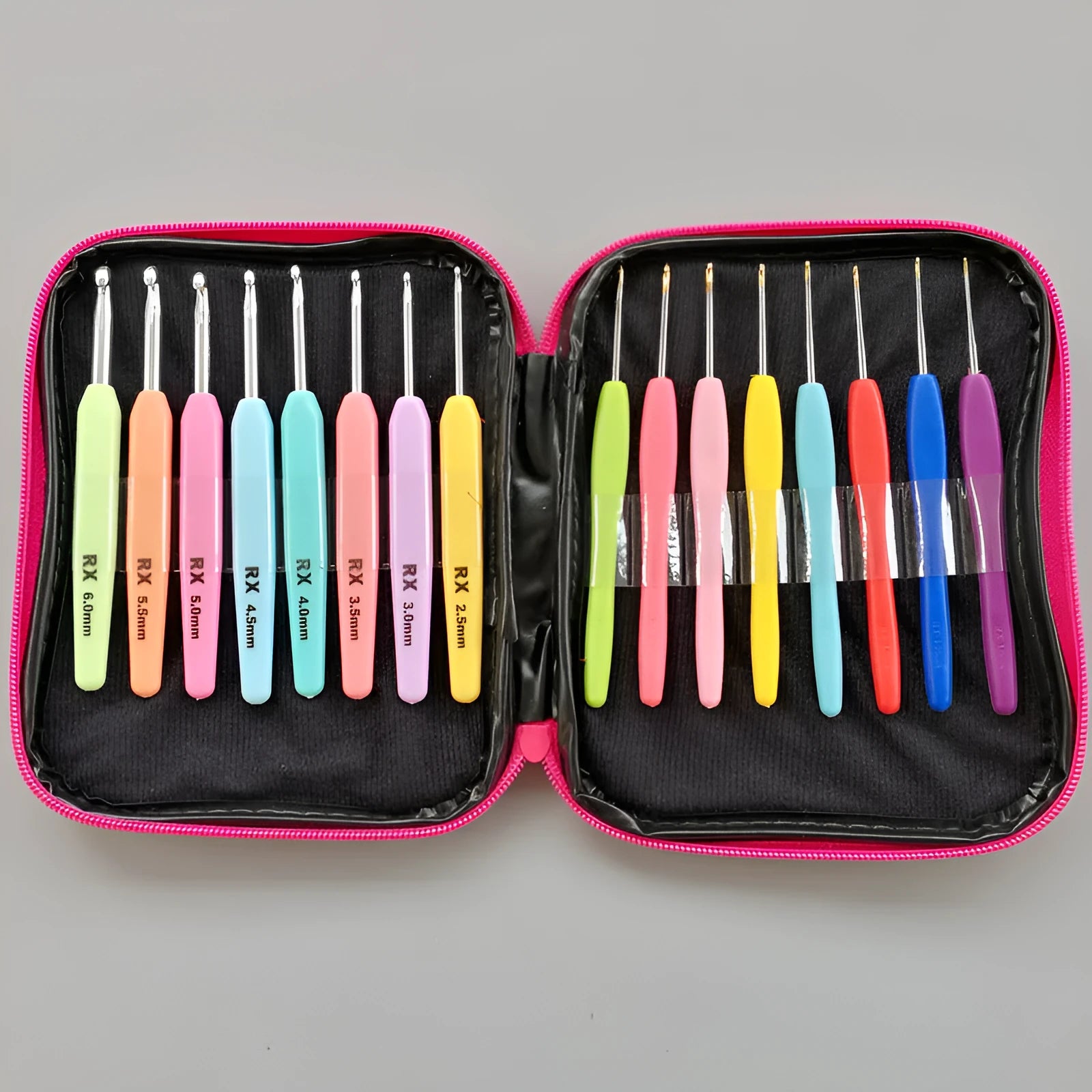 Complete set of 16 crochet hooks with two handle types and a grey PU storage bag.