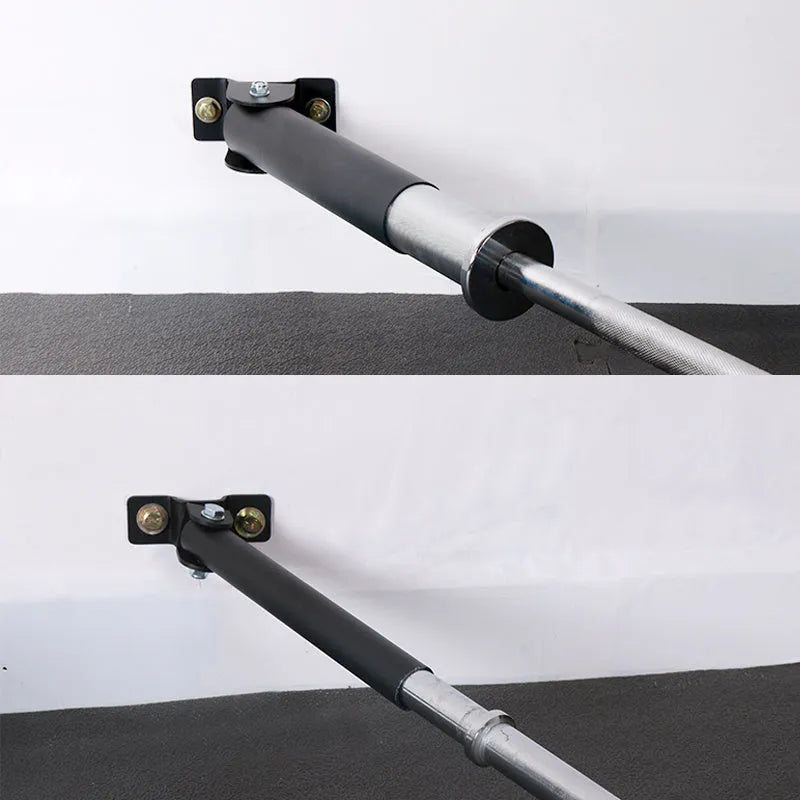 Black steel wall rack with 25 tubes for storing barbells and rods.