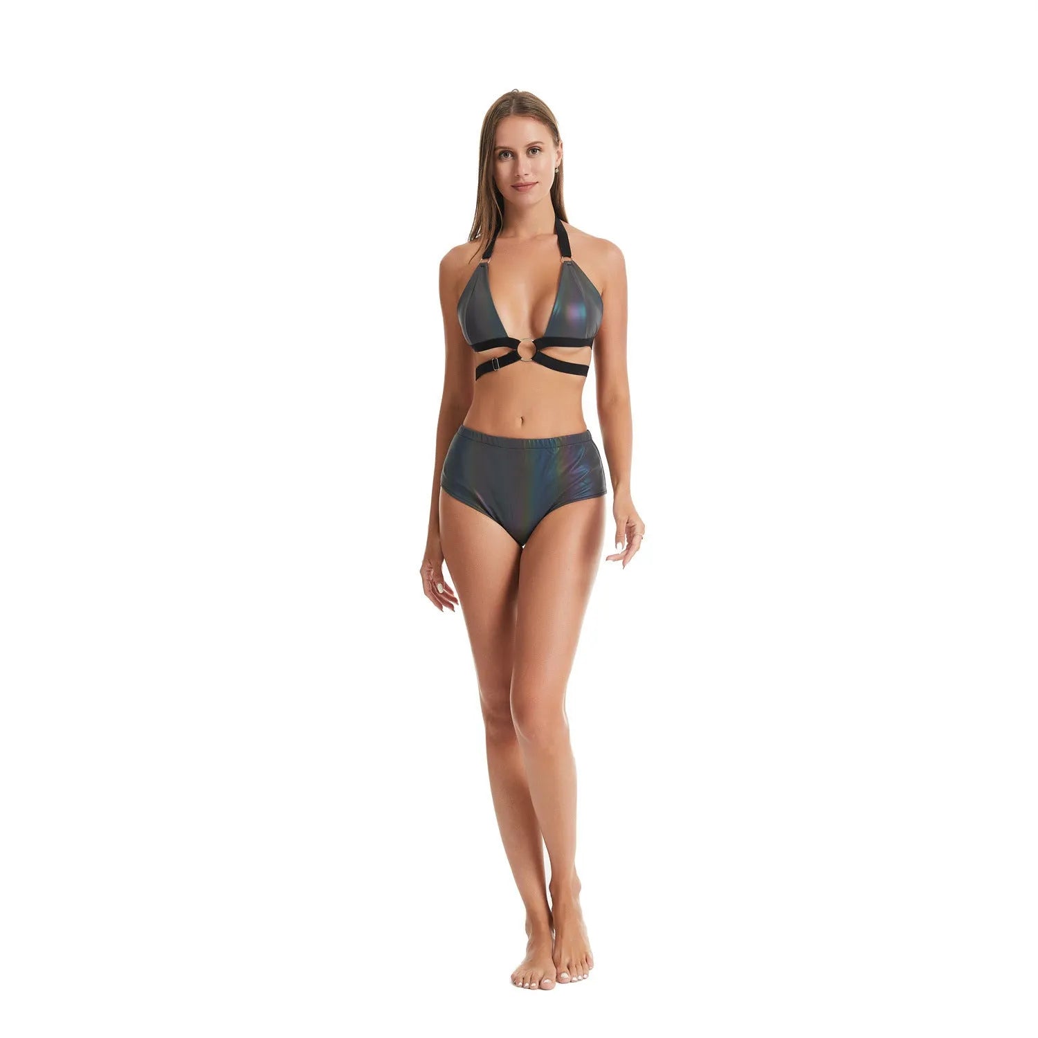 Women's lace-up colorful reflective bikini swimsuit in bright polyester with split briefs