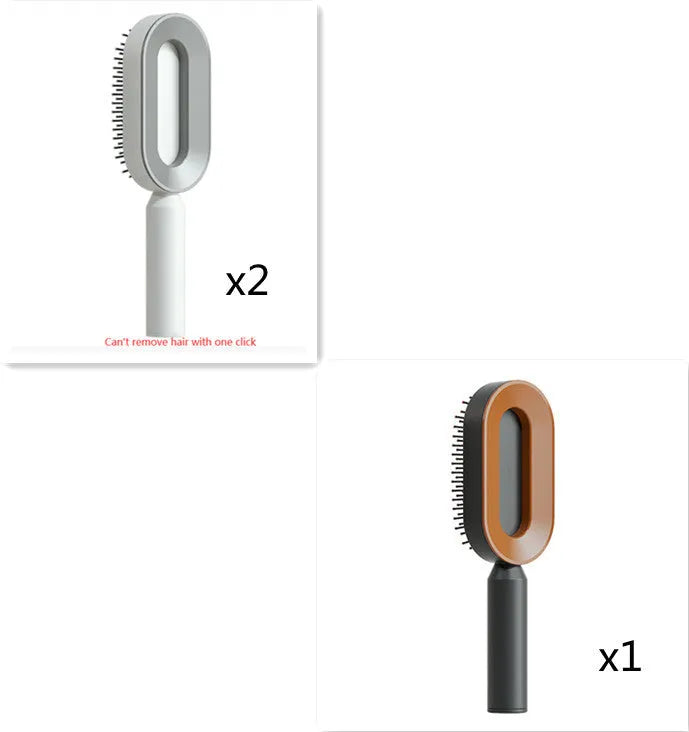 Self-cleaning air cushion hair brush in white, black gold, or black purple with ergonomic handle