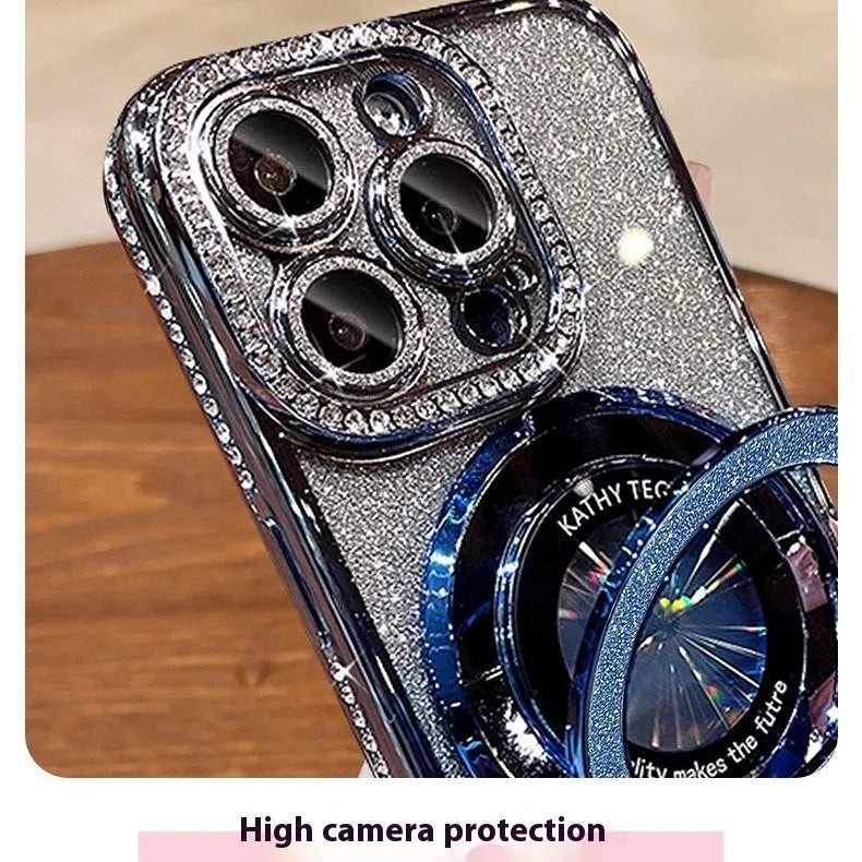 Silicone gradient colour magnetic suction phone case with electroplated edge drill design and kickstand bracket for iPhone
