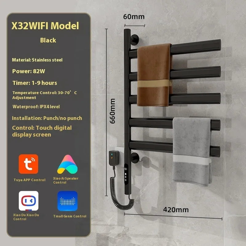 Five-layer stainless steel electric towel rack, punch-free wall mounted, 20kg load, black white or gun gray