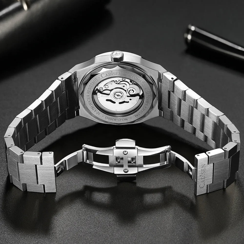 Men's automatic mechanical watch with 40mm stainless steel case, white dial, and blue steel band