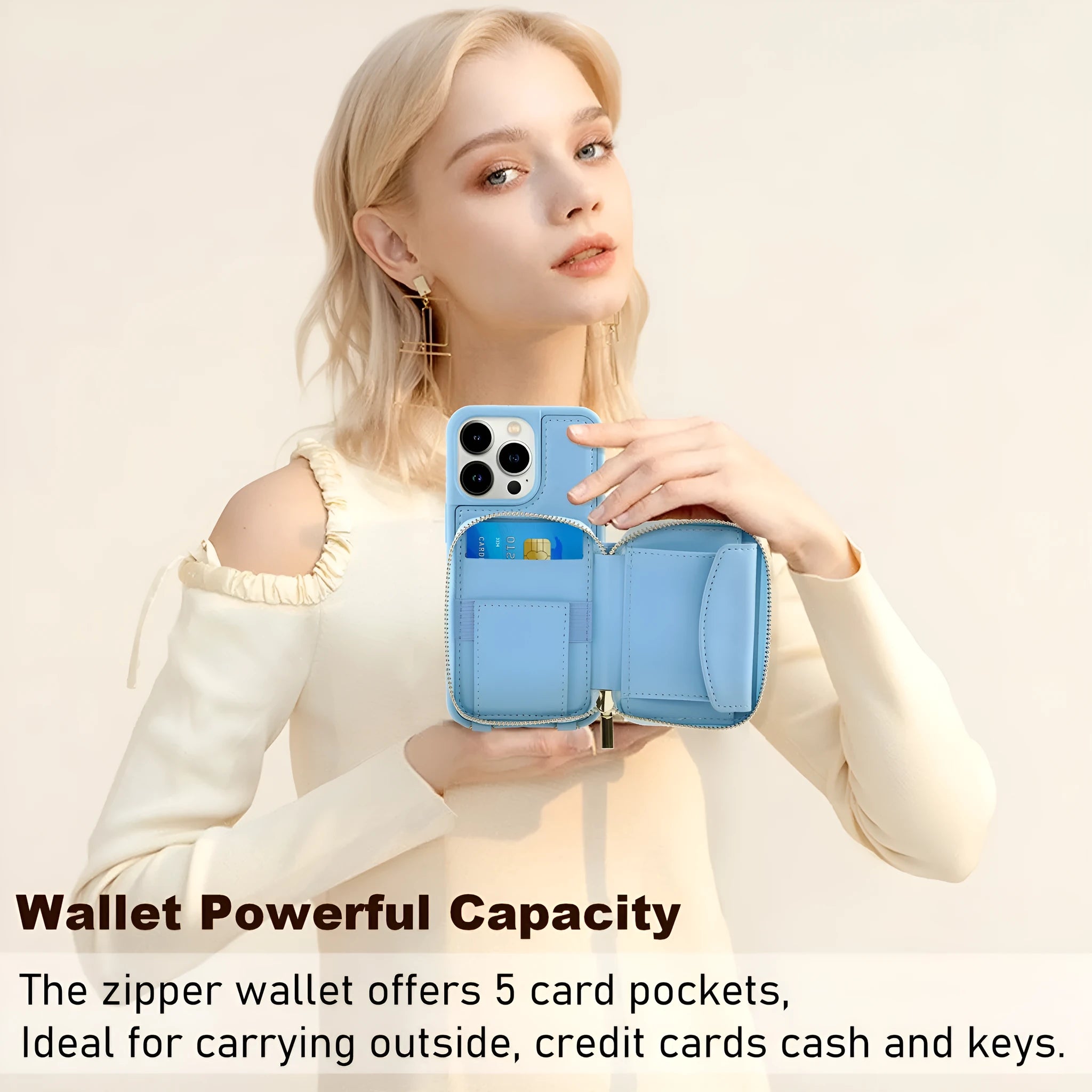 Black iPhone 14 Pro crossbody wallet phone case with zippered card holder and imitation leather finish