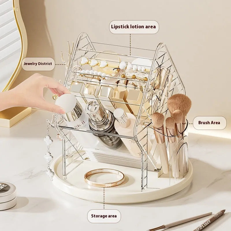 Clear and amber gold rotating cosmetics storage box on a surface