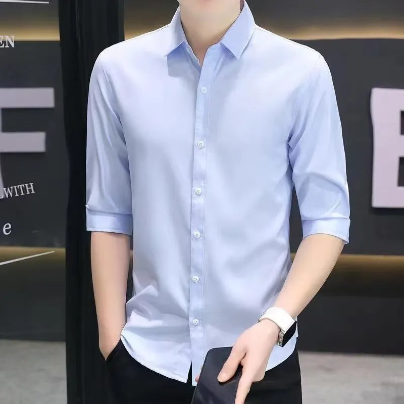 Men's slim-fit half-sleeve shirt in a linen-silk blend, shown in a solid colour with three-quarter length sleeves.