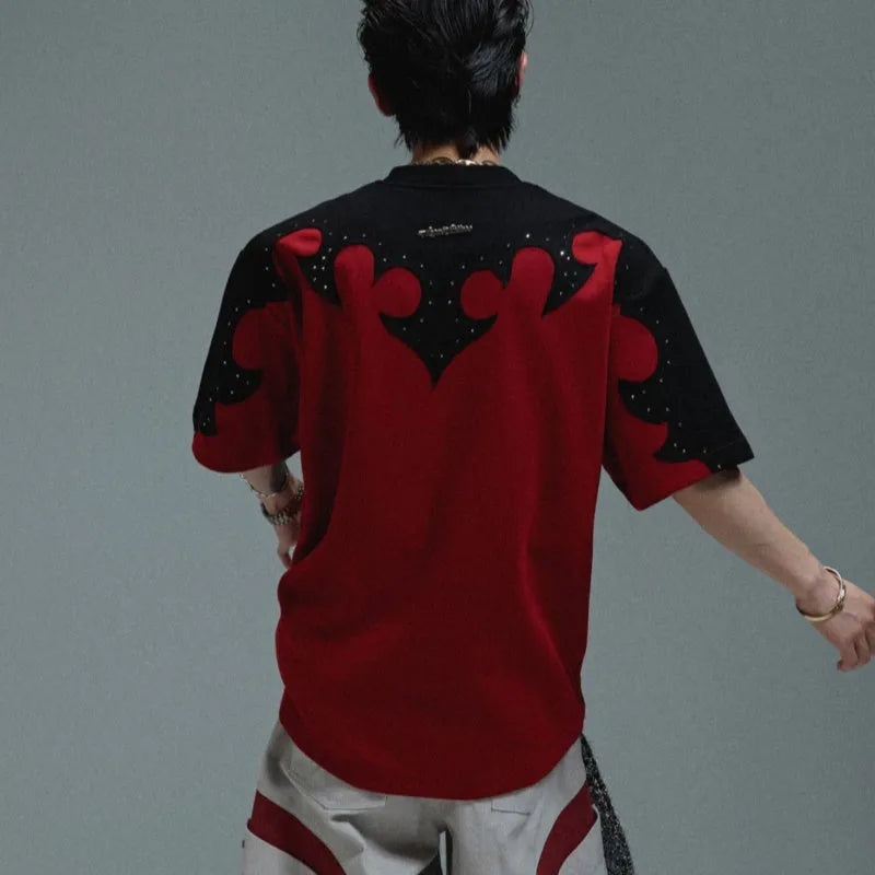 Men's grey cotton shirt with a raised burnt flower pattern and rhinestone decoration on the front.