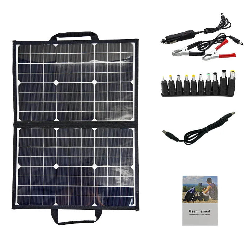 Black 40W folding bag portable solar panel shown folded, for outdoor camping and emergency charging.