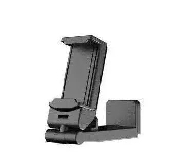 Black foldable and rotating universal mobile phone holder made from ABS plastic on a flat surface.