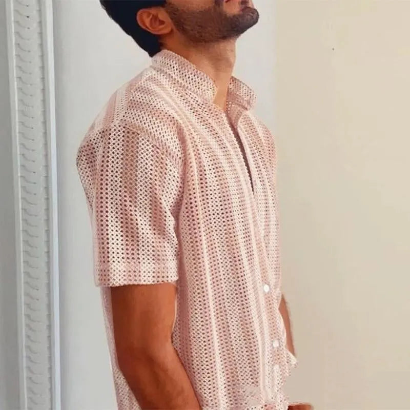 Men's pink waffle knit summer shirt with short sleeves and loose cardigan style