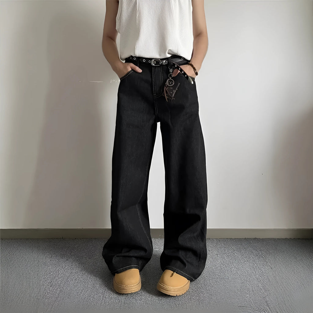 Black retro wide-leg straight jeans for men and women on a hanger.