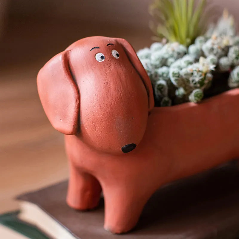Cement sausage dog flower pot medium floor planter 15x20.5x10cm with drainage hole