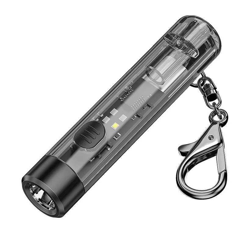 Black plastic USB rechargeable LED torch with built-in battery and charging cable