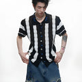 Men's retro patchwork striped knitted short sleeved shirt with decorative buttons in loose fit