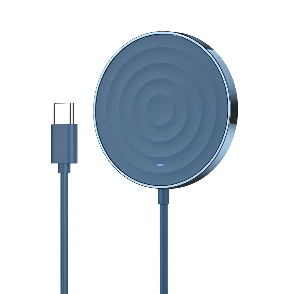 Magnetic wireless charger 15W fast charging for iPhone 12 Pro, blue colour, on a desk