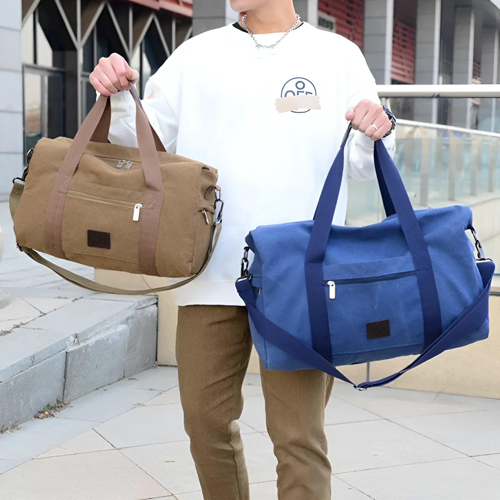 Men's canvas travel duffel bag in army green with three straps and polyester material
