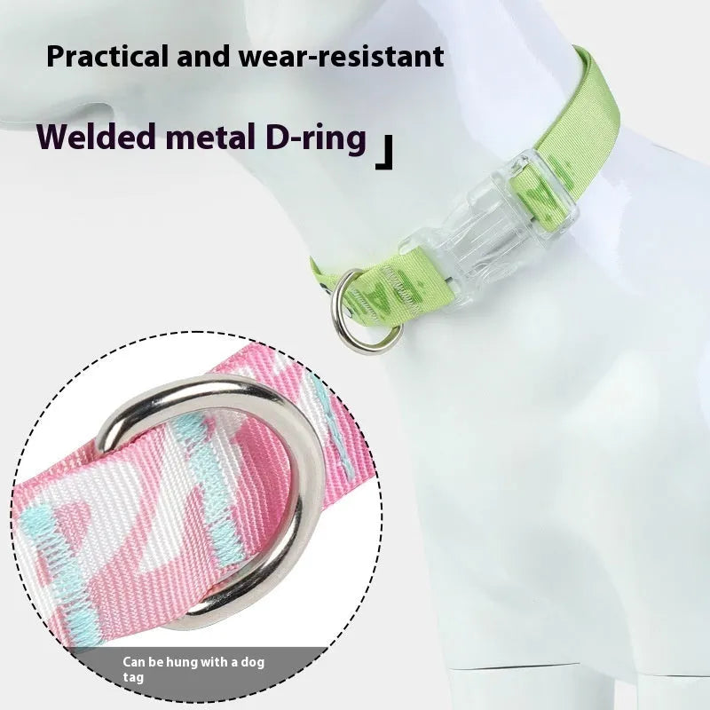 A cartoon gradient print adjustable nylon dog collar shown in sizes S, M, and L for small to large dogs.