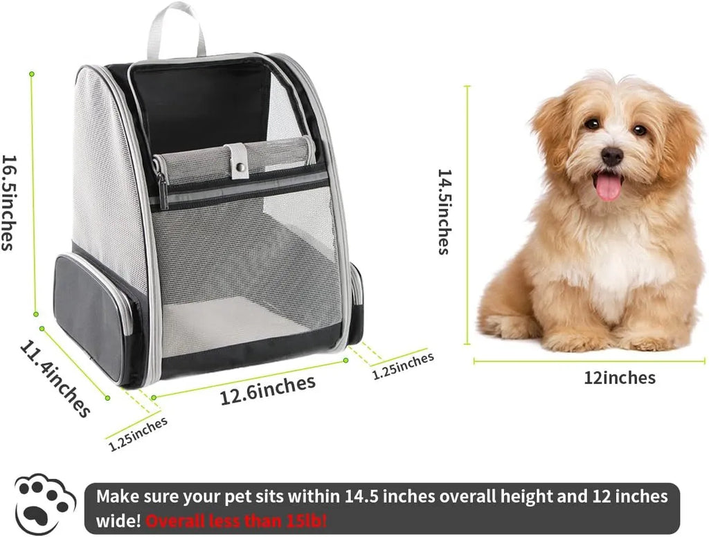 Grey or pink PVC mesh pet carrier backpack for cats and small dogs, 42cm x 31cm x 5cm, with chest buckles and removable mat