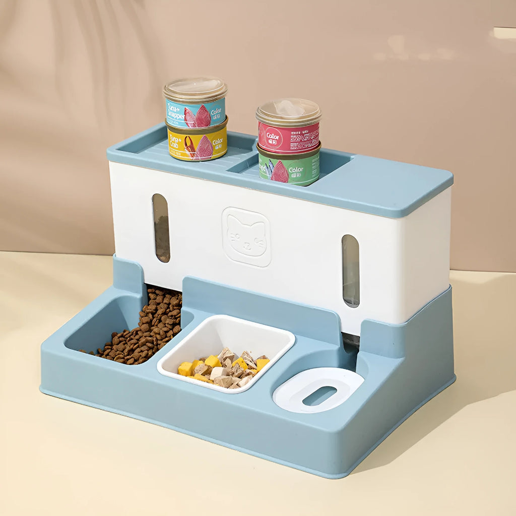 Automatic plastic pet feeder with refilling cat drinking water bowl in green colour, 37cm long
