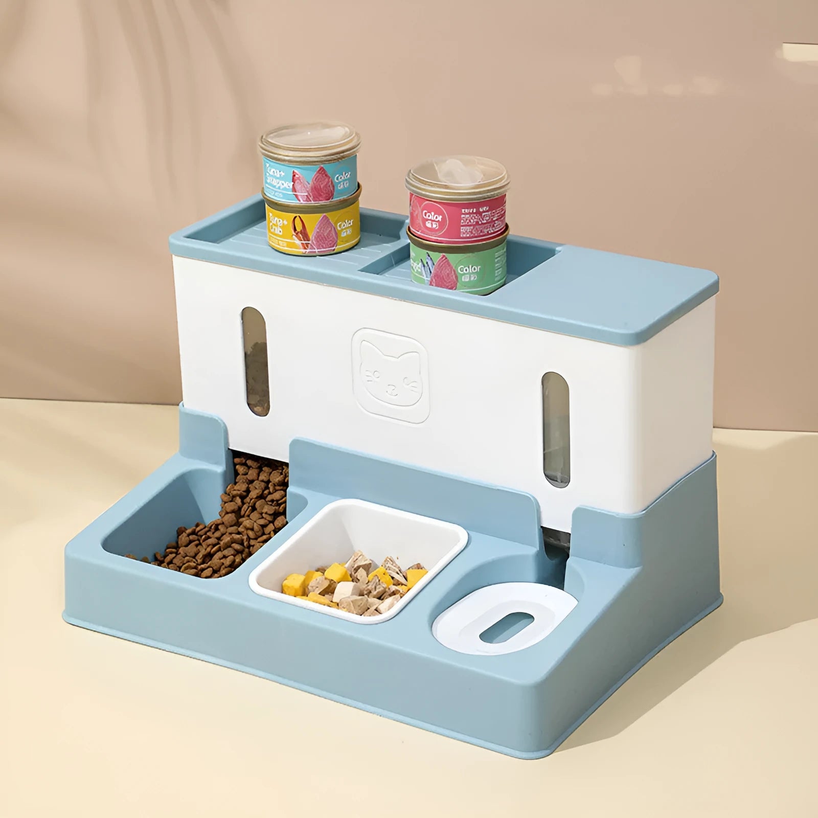 Automatic plastic pet feeder with refilling cat drinking water bowl in green colour, 37cm long