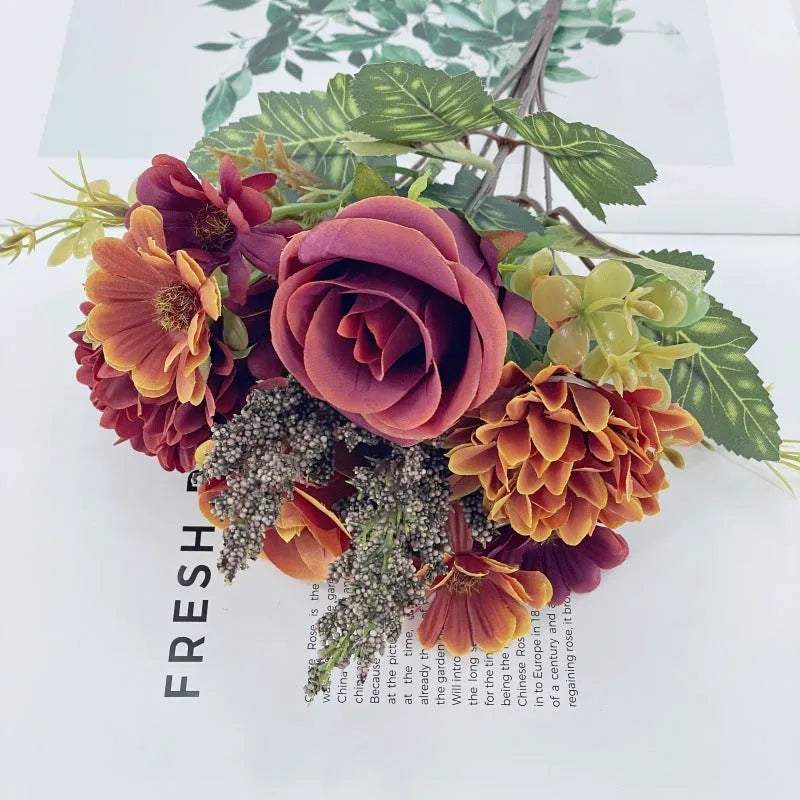 Autumn hydrangea bridal bouquet in silk flower with rose dried flower look, available in brown pink white Champagne