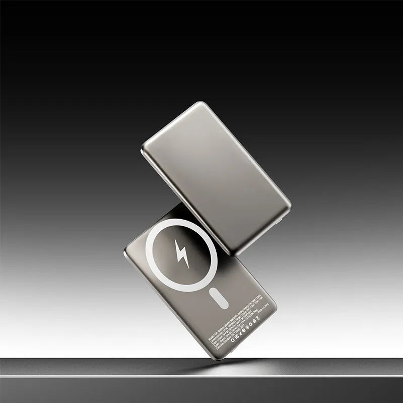 Gun grey magnetic wireless power bank showing ultra-thin 9mm alloy design with 10000mAh capacity