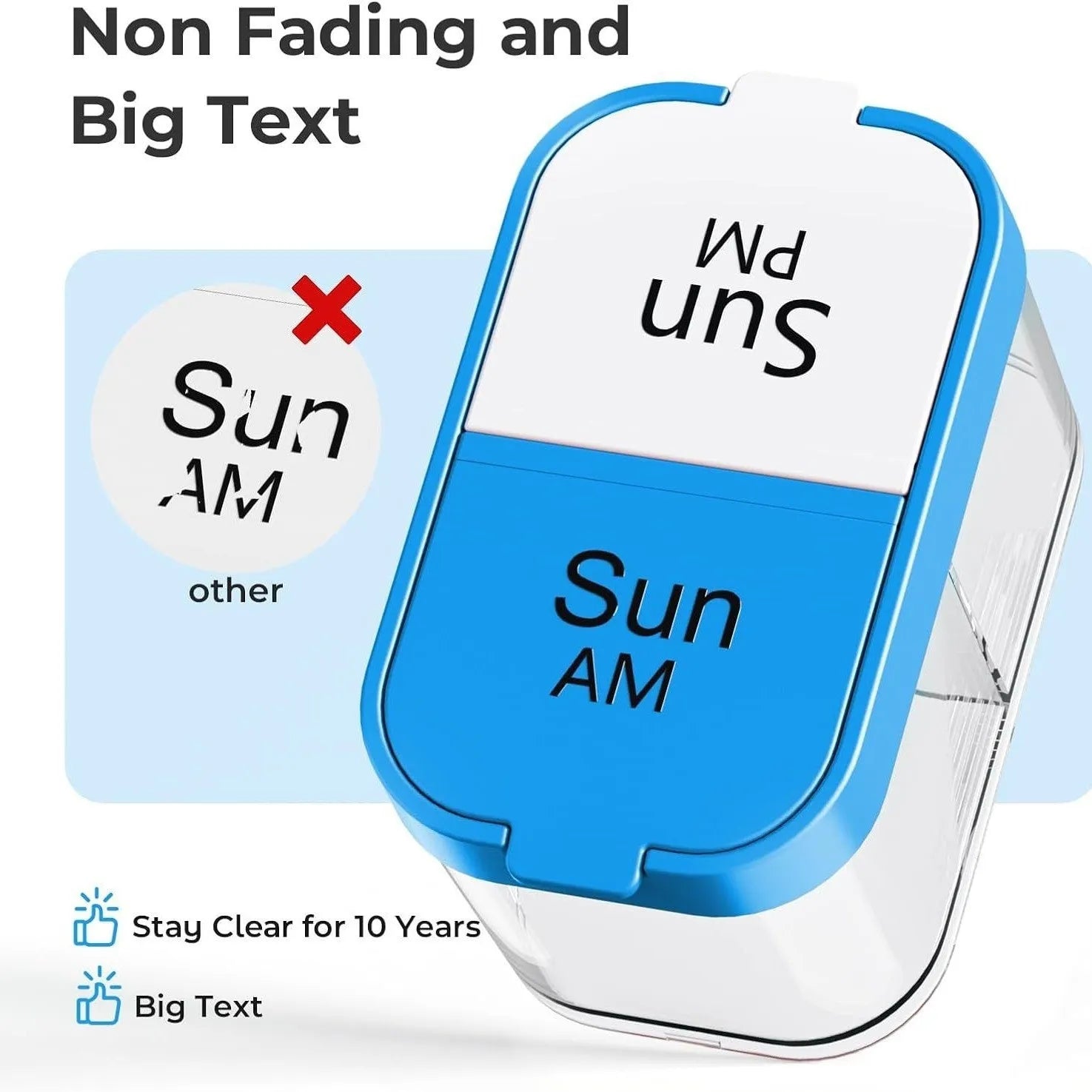 White and rainbow coloured large plastic pill box with 14 removable compartments next to detached single grid.