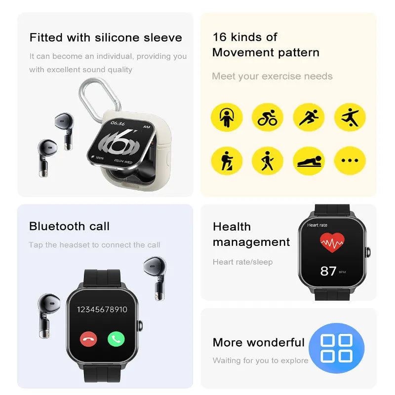 D8pro smart watch with TWS earphones black steel strap silicone case health monitoring