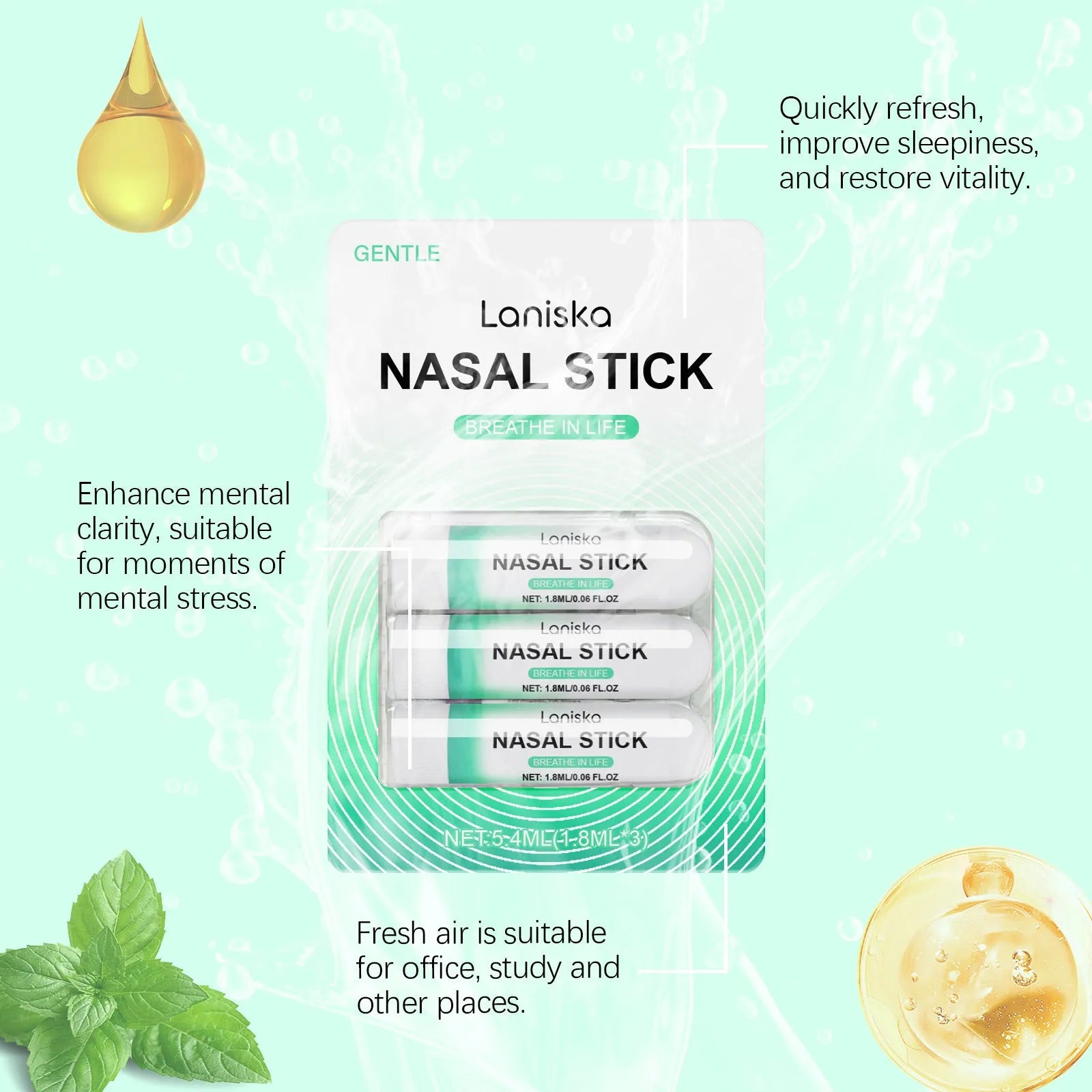 Three small 1.8ml menthol and spearmint nose spray bottles in a portable cooling set