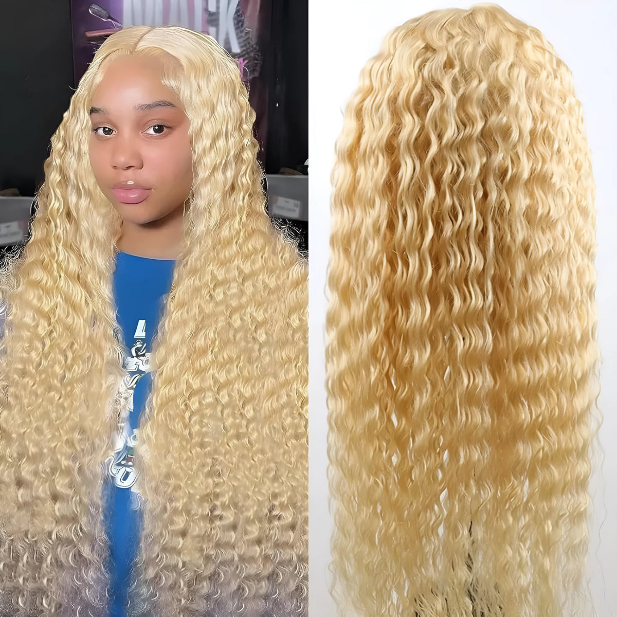 Gold front lace synthetic wig with medium and long curly hair for ladies, high temperature fibre, natural style