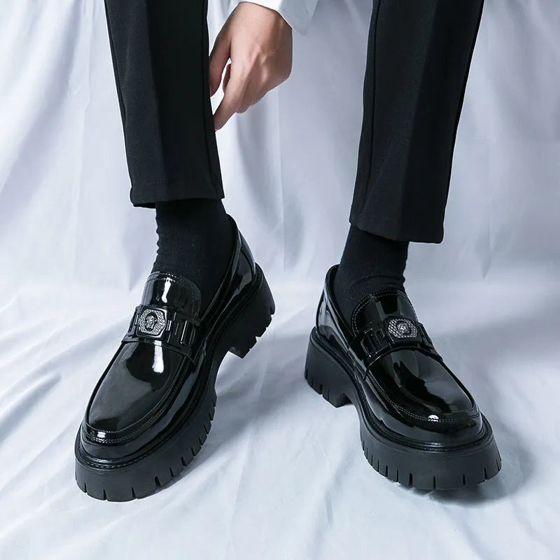 Men's glossy black PU leather slip-on loafers with a low platform heel for summer.
