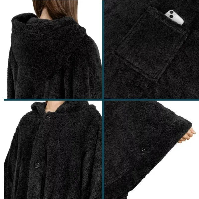 Thickened hooded bathrobe in cardigan style shown in black, dark grey, and pink colour options.
