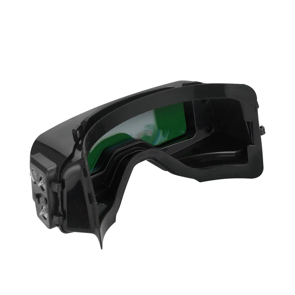 Black automatic darkening welding mask glasses with a large rectangular lens on a lightweight frame.