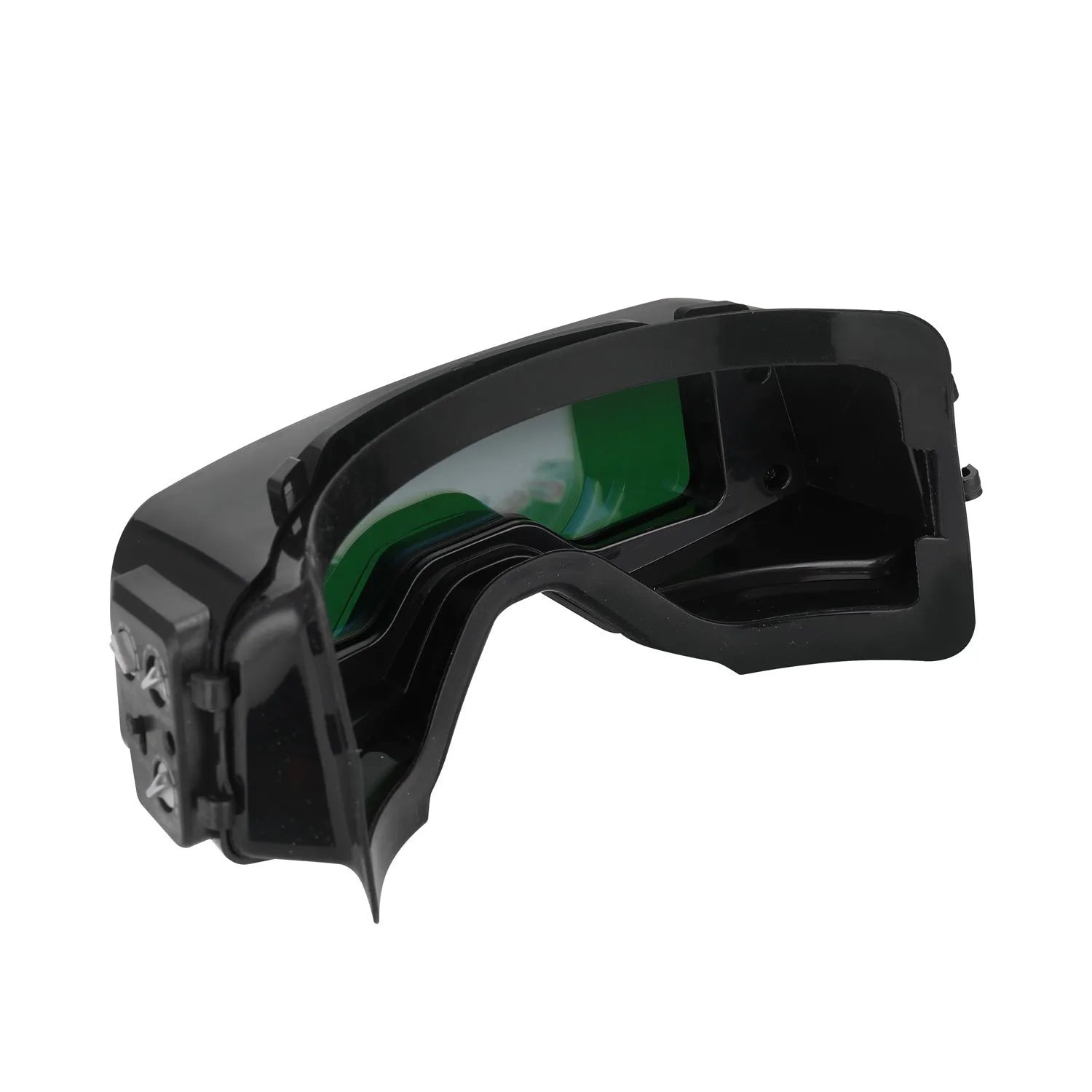 Black automatic darkening welding mask glasses with a large rectangular lens on a lightweight frame.
