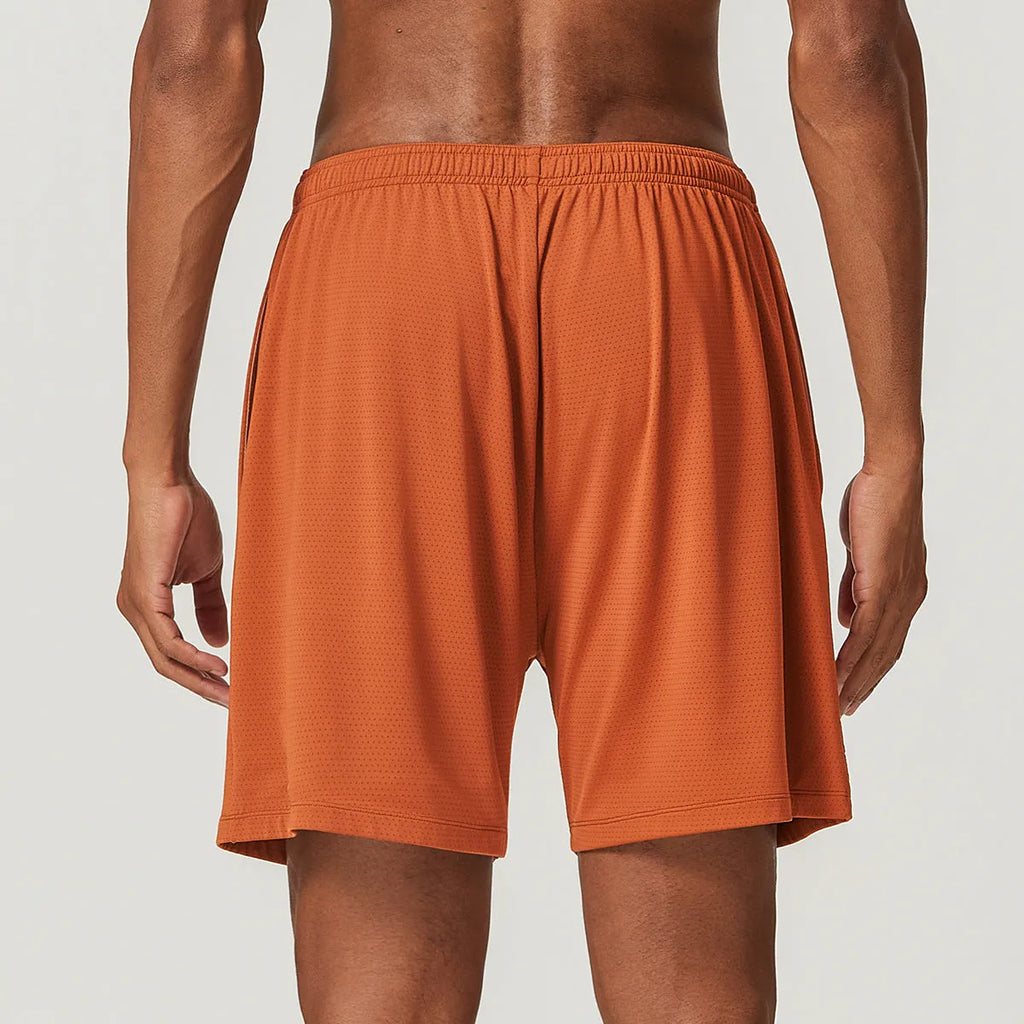 Men's double-layer quick-dry running shorts in sky green colour on a size chart.