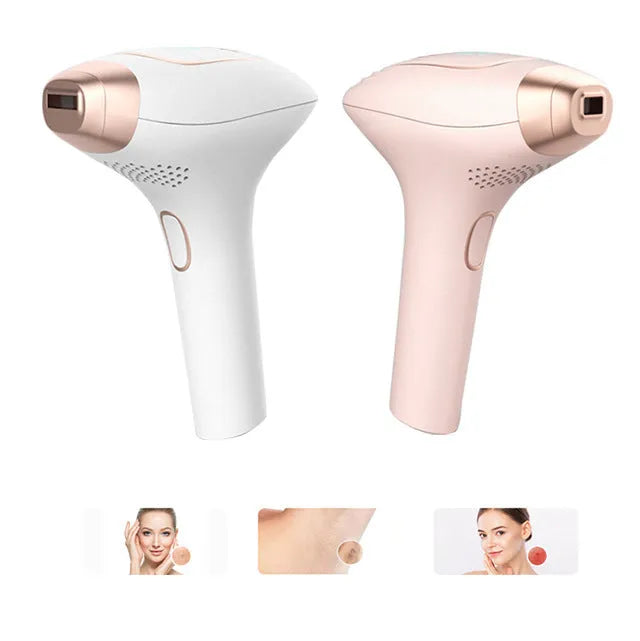 Pink and white three-in-one ice-sensing laser hair removal device with protective glasses and accessories