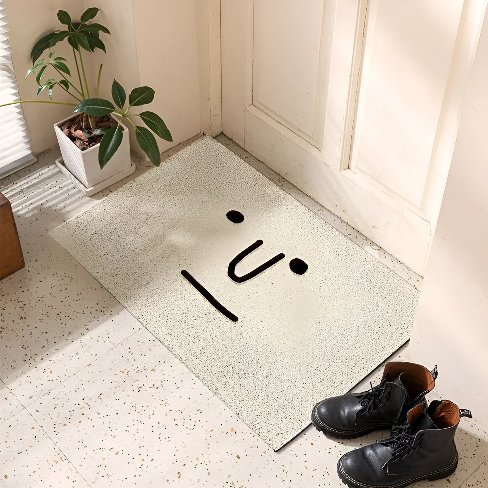 Cartoon Mr. Big Nose facial expression PVC floor mat with geometric pattern, square shape